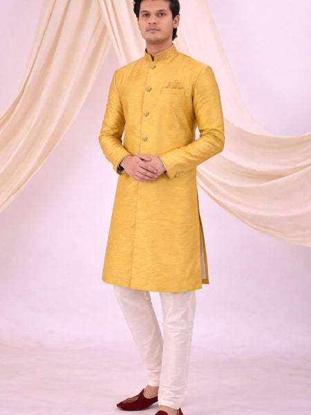 Yellow Silk Blend Sherwani Set with White Pyjama for Men - DBMS1078