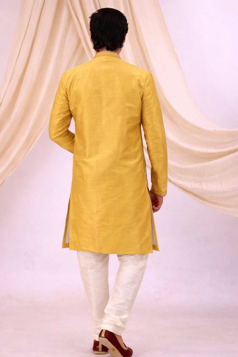 Yellow Silk Blend Sherwani Set with White Pyjama for Men - DBMS1078