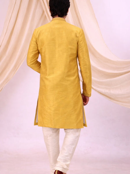 Yellow Silk Blend Sherwani Set with White Pyjama for Men - DBMS1078
