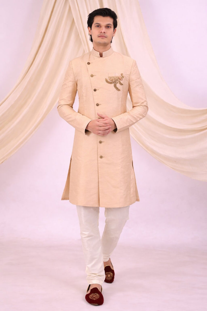 Peach Silk Blend Sherwani Set with White Pyjama for Men - DBMS1079