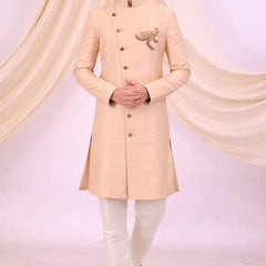Peach Silk Blend Sherwani Set with White Pyjama for Men - DBMS1079