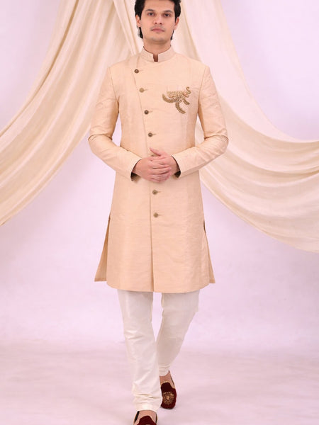 Peach Silk Blend Sherwani Set with White Pyjama for Men - DBMS1079