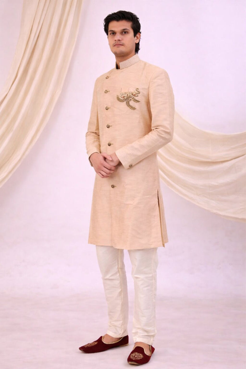 Peach Silk Blend Sherwani Set with White Pyjama for Men - DBMS1079