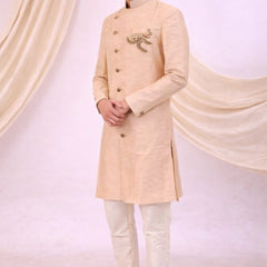 Peach Silk Blend Sherwani Set with White Pyjama for Men - DBMS1079