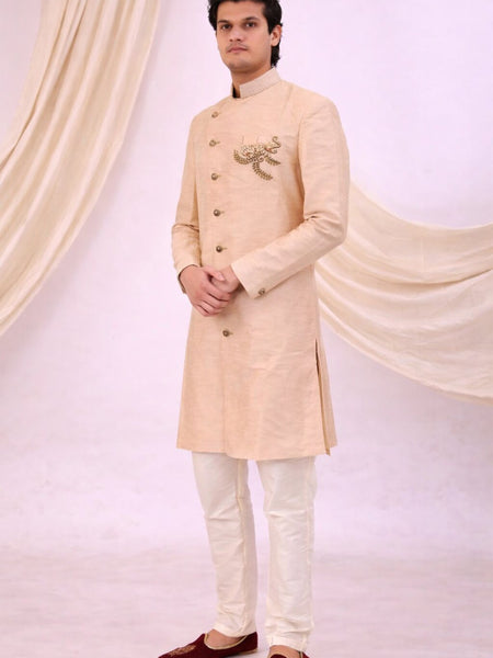 Peach Silk Blend Sherwani Set with White Pyjama for Men - DBMS1079