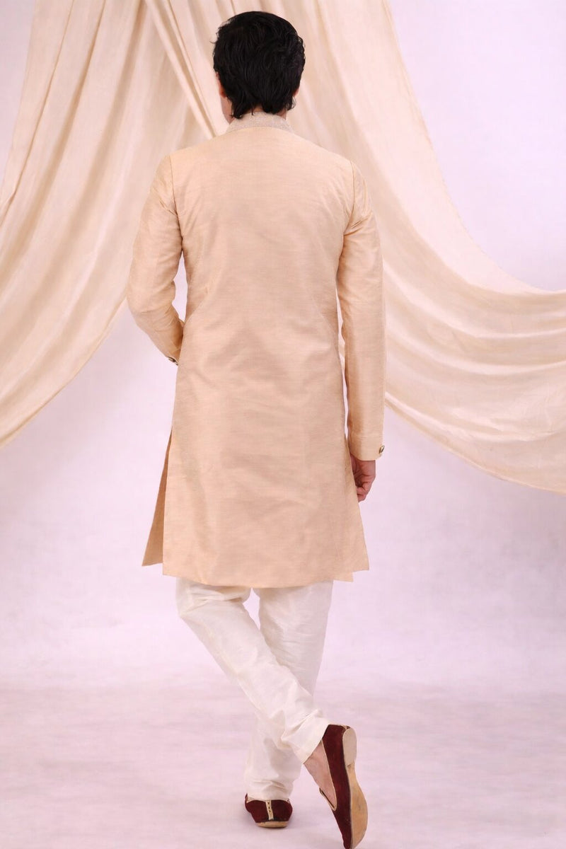 Peach Silk Blend Sherwani Set with White Pyjama for Men - DBMS1079