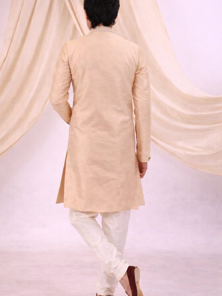Peach Silk Blend Sherwani Set with White Pyjama for Men - DBMS1079