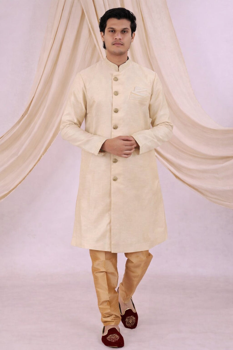 Peach Silk Blend Sherwani Set with White Pyjama for Men - DBMS1080