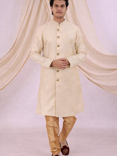 Peach Silk Blend Sherwani Set with White Pyjama for Men - DBMS1080