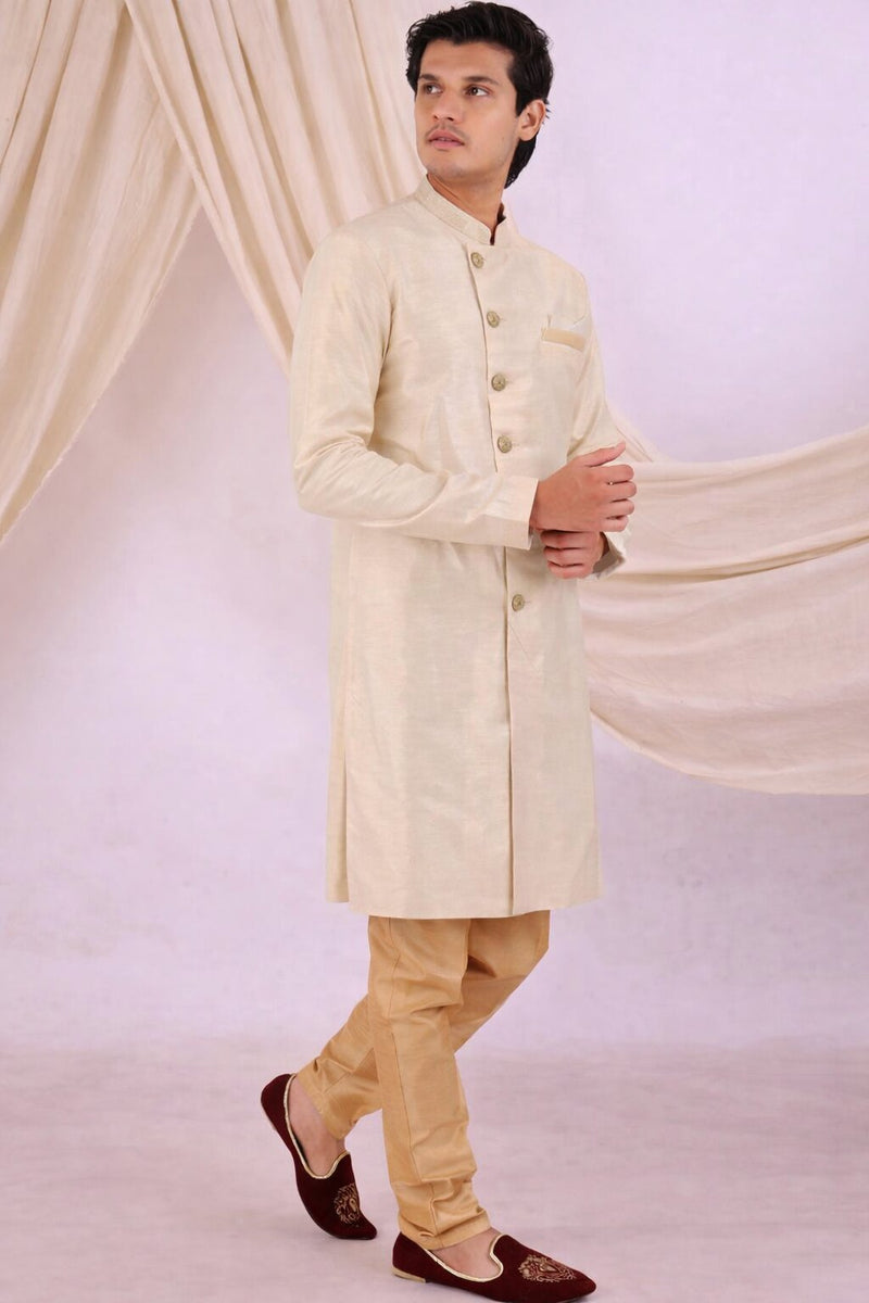 Peach Silk Blend Sherwani Set with White Pyjama for Men - DBMS1080