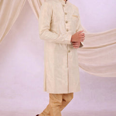 Peach Silk Blend Sherwani Set with White Pyjama for Men - DBMS1080