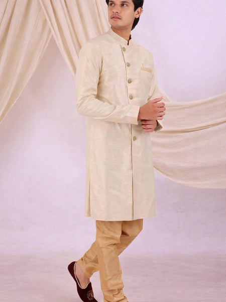 Peach Silk Blend Sherwani Set with White Pyjama for Men - DBMS1080