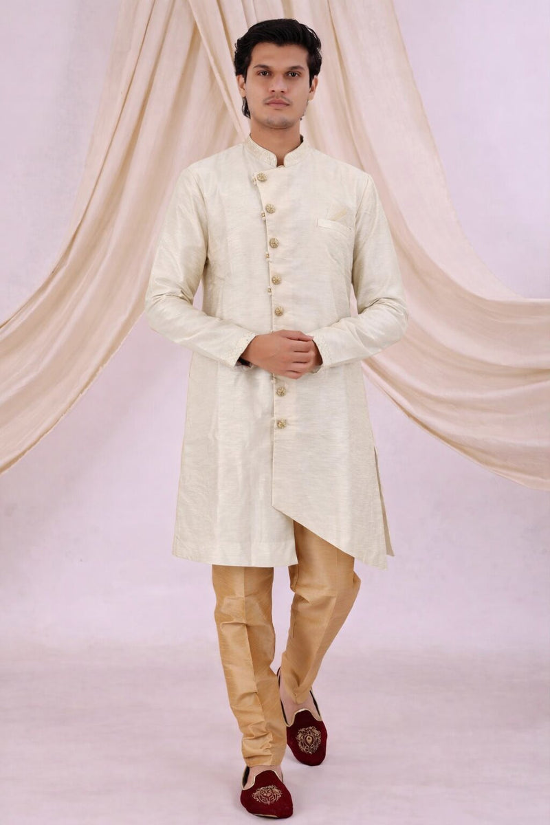 Beige Silk Blend Sherwani Set with White Pyjama for Men - DBMS1082