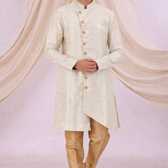 Beige Silk Blend Sherwani Set with White Pyjama for Men - DBMS1082