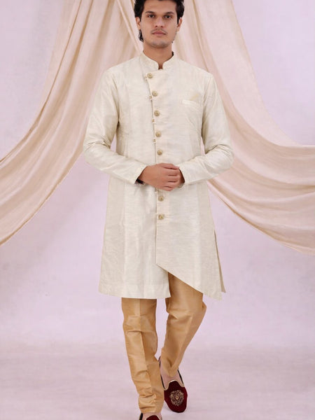 Beige Silk Blend Sherwani Set with White Pyjama for Men - DBMS1082