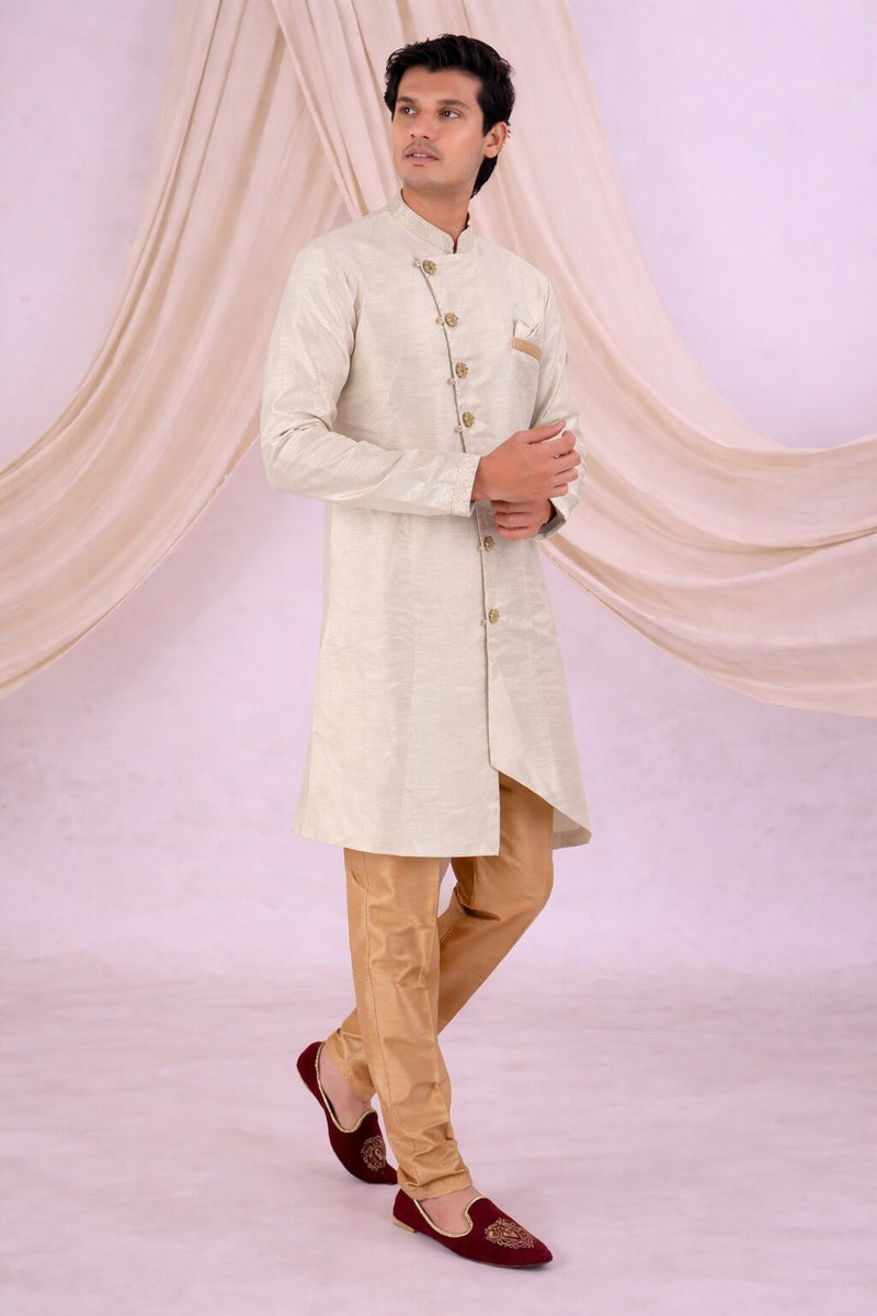 Beige Silk Blend Sherwani Set with White Pyjama for Men - DBMS1082