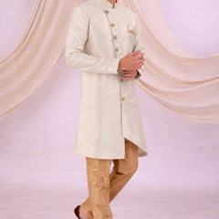 Beige Silk Blend Sherwani Set with White Pyjama for Men - DBMS1082