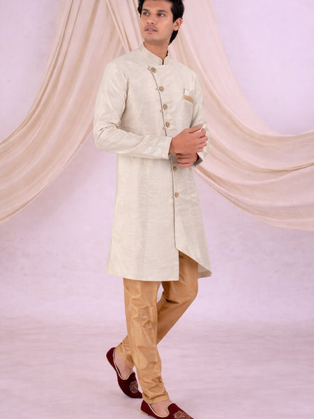 Beige Silk Blend Sherwani Set with White Pyjama for Men - DBMS1082
