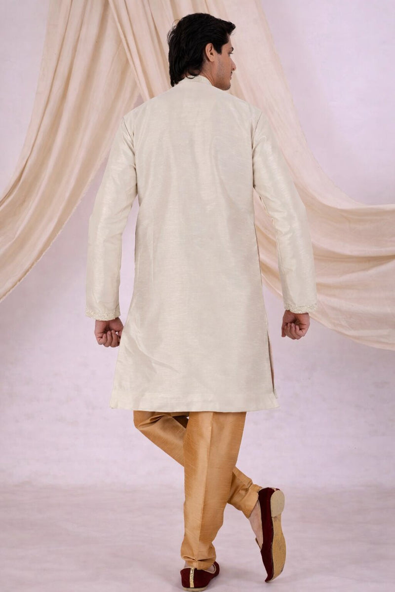 Beige Silk Blend Sherwani Set with White Pyjama for Men - DBMS1082