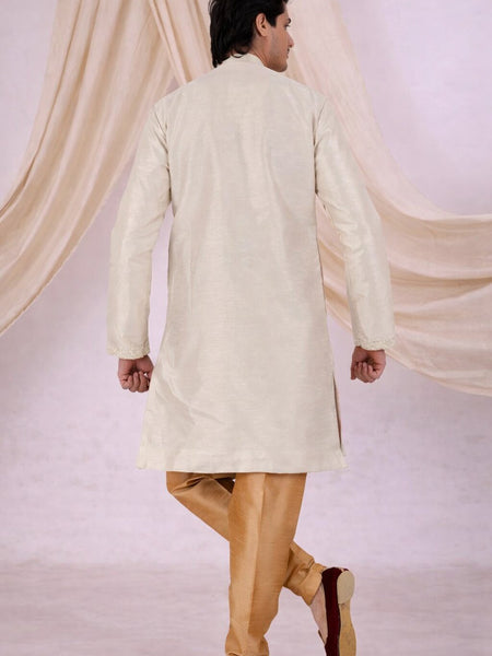 Beige Silk Blend Sherwani Set with White Pyjama for Men - DBMS1082
