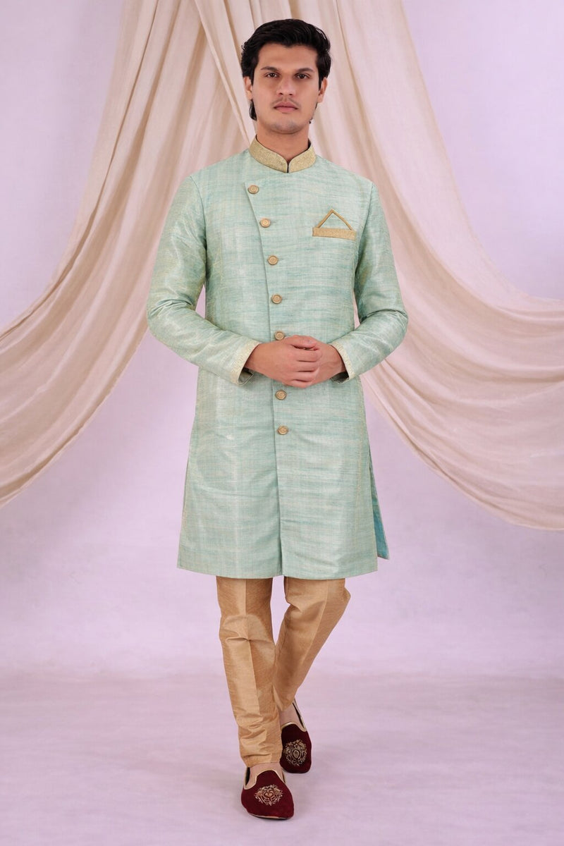 Sky Blue Silk Blend Sherwani Set with White Pyjama for Men - DBMS1083