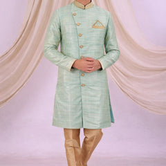 Sky Blue Silk Blend Sherwani Set with White Pyjama for Men - DBMS1083