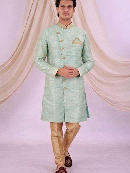 Sky Blue Silk Blend Sherwani Set with White Pyjama for Men - DBMS1083