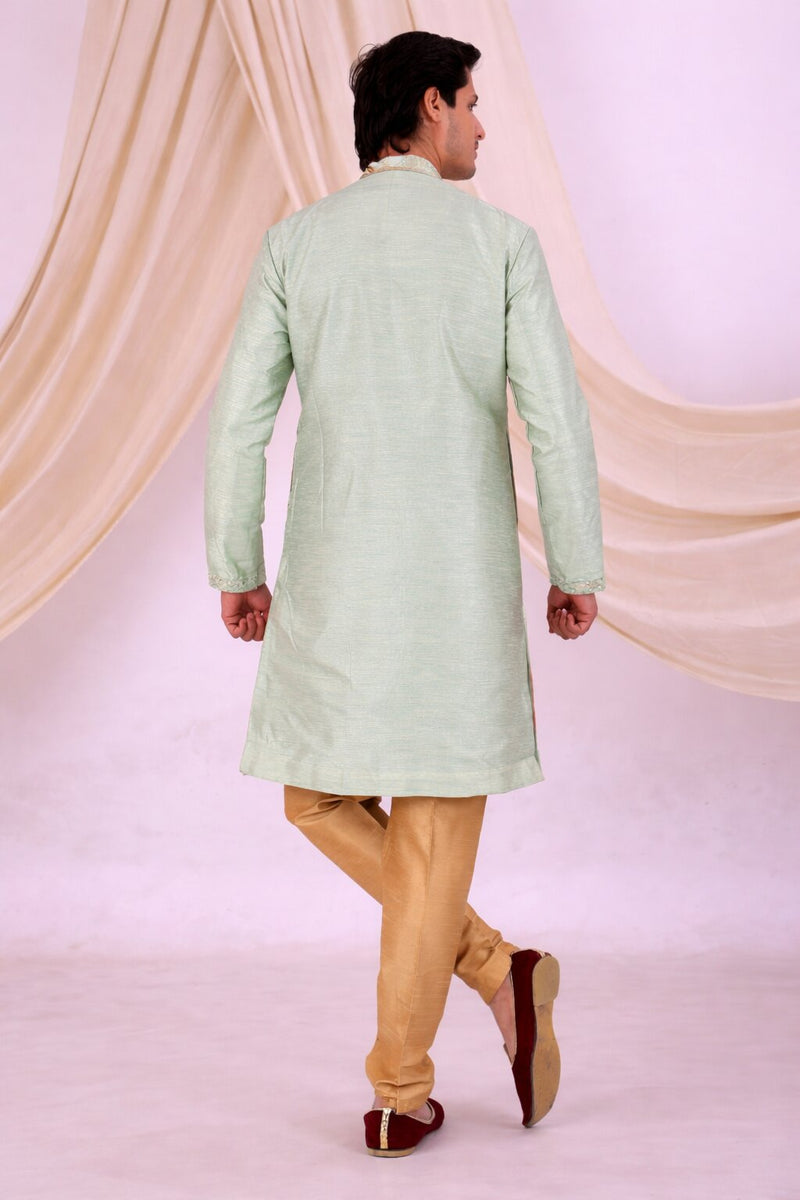 Sky Blue Silk Blend Sherwani Set with White Pyjama for Men - DBMS1083