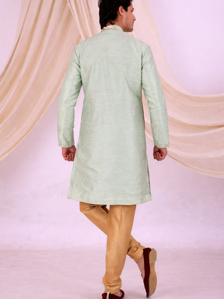 Sky Blue Silk Blend Sherwani Set with White Pyjama for Men - DBMS1083