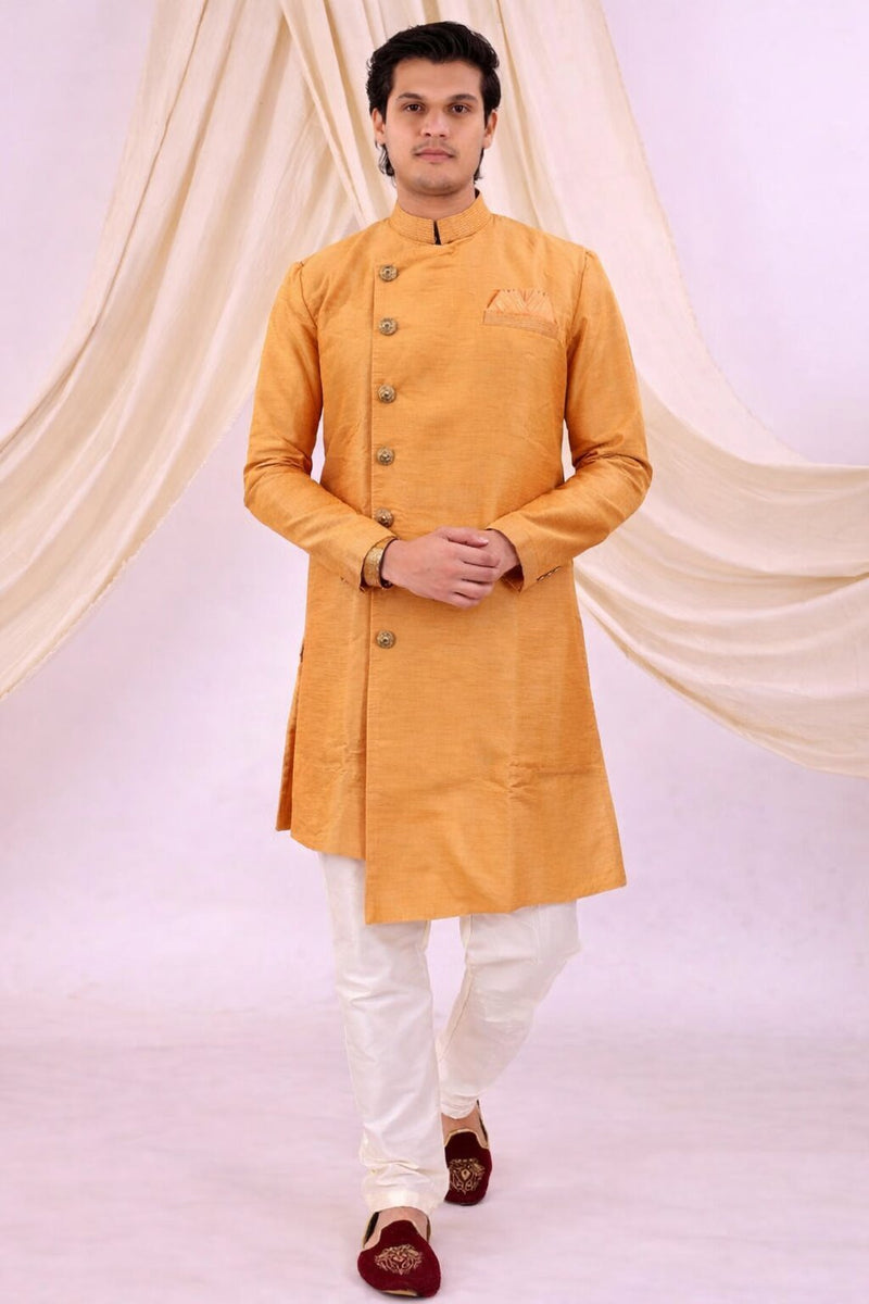 Orange Silk Blend Sherwani Set with White Pyjama for Men - DBMS1084