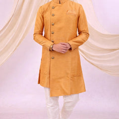 Orange Silk Blend Sherwani Set with White Pyjama for Men - DBMS1084