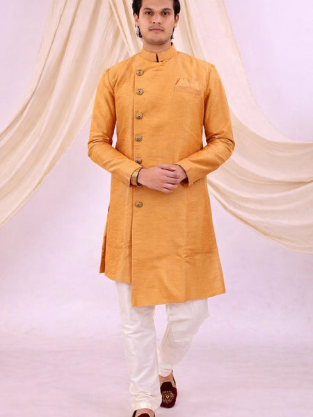 Orange Silk Blend Sherwani Set with White Pyjama for Men - DBMS1084