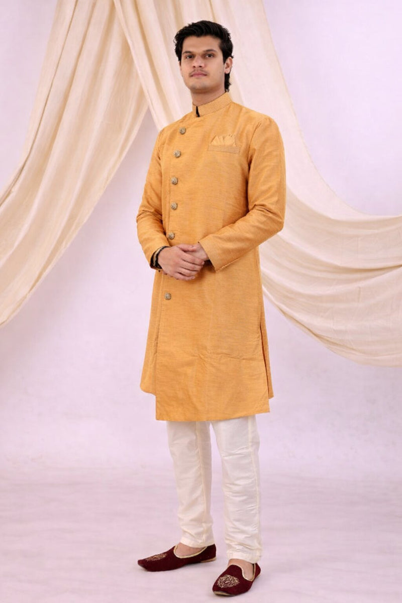 Orange Silk Blend Sherwani Set with White Pyjama for Men - DBMS1084