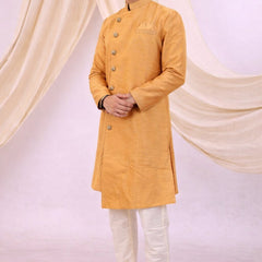 Orange Silk Blend Sherwani Set with White Pyjama for Men - DBMS1084