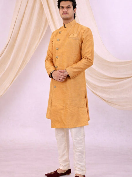 Orange Silk Blend Sherwani Set with White Pyjama for Men - DBMS1084