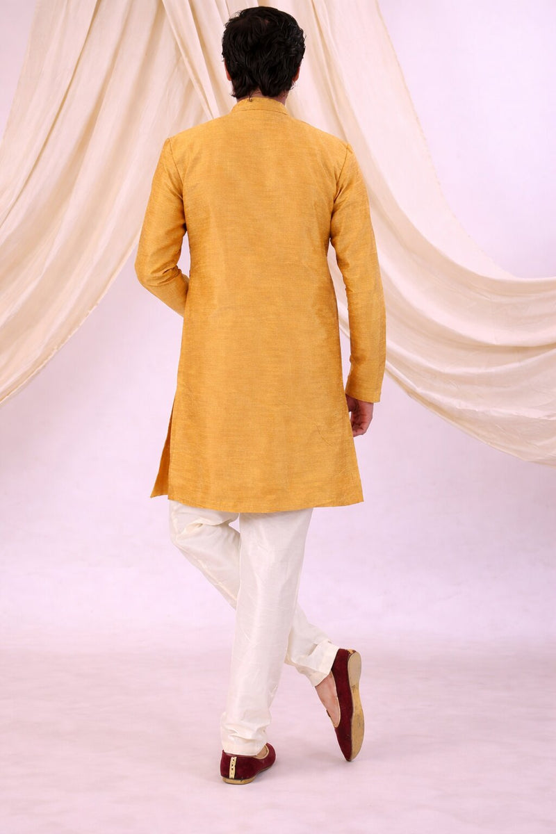Orange Silk Blend Sherwani Set with White Pyjama for Men - DBMS1084