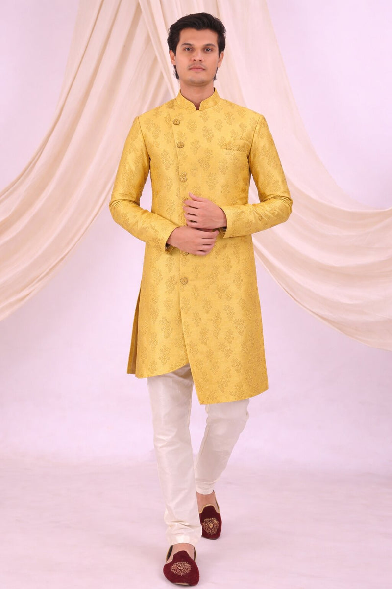 Yellow Silk Blend Sherwani Set with White Pyjama for Men - DBMS1085