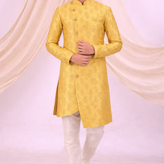 Yellow Silk Blend Sherwani Set with White Pyjama for Men - DBMS1085