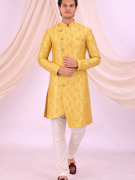 Yellow Silk Blend Sherwani Set with White Pyjama for Men - DBMS1085