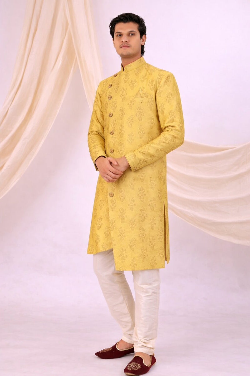 Yellow Silk Blend Sherwani Set with White Pyjama for Men - DBMS1085