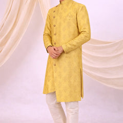 Yellow Silk Blend Sherwani Set with White Pyjama for Men - DBMS1085