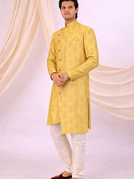 Yellow Silk Blend Sherwani Set with White Pyjama for Men - DBMS1085