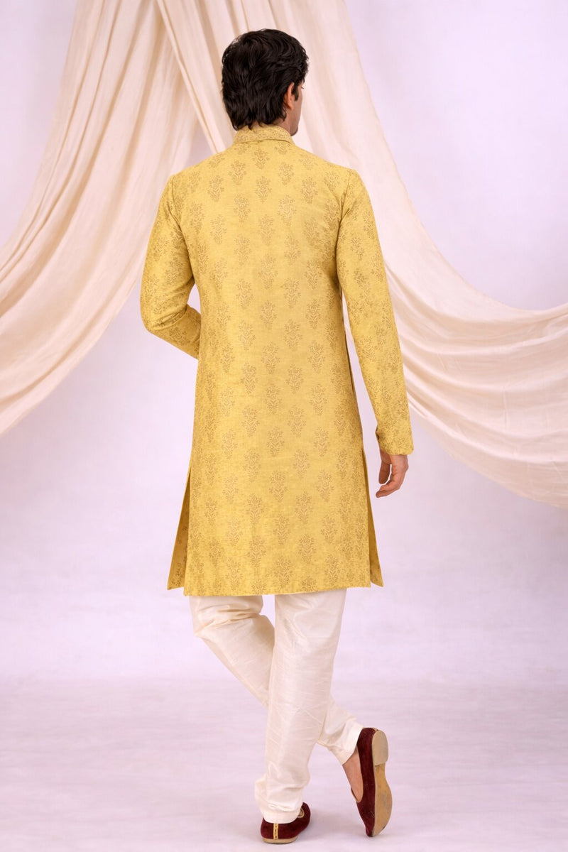 Yellow Silk Blend Sherwani Set with White Pyjama for Men - DBMS1085