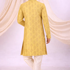 Yellow Silk Blend Sherwani Set with White Pyjama for Men - DBMS1085