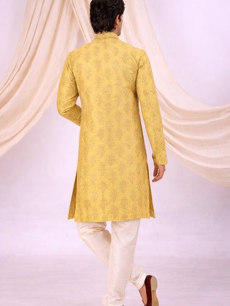 Yellow Silk Blend Sherwani Set with White Pyjama for Men - DBMS1085