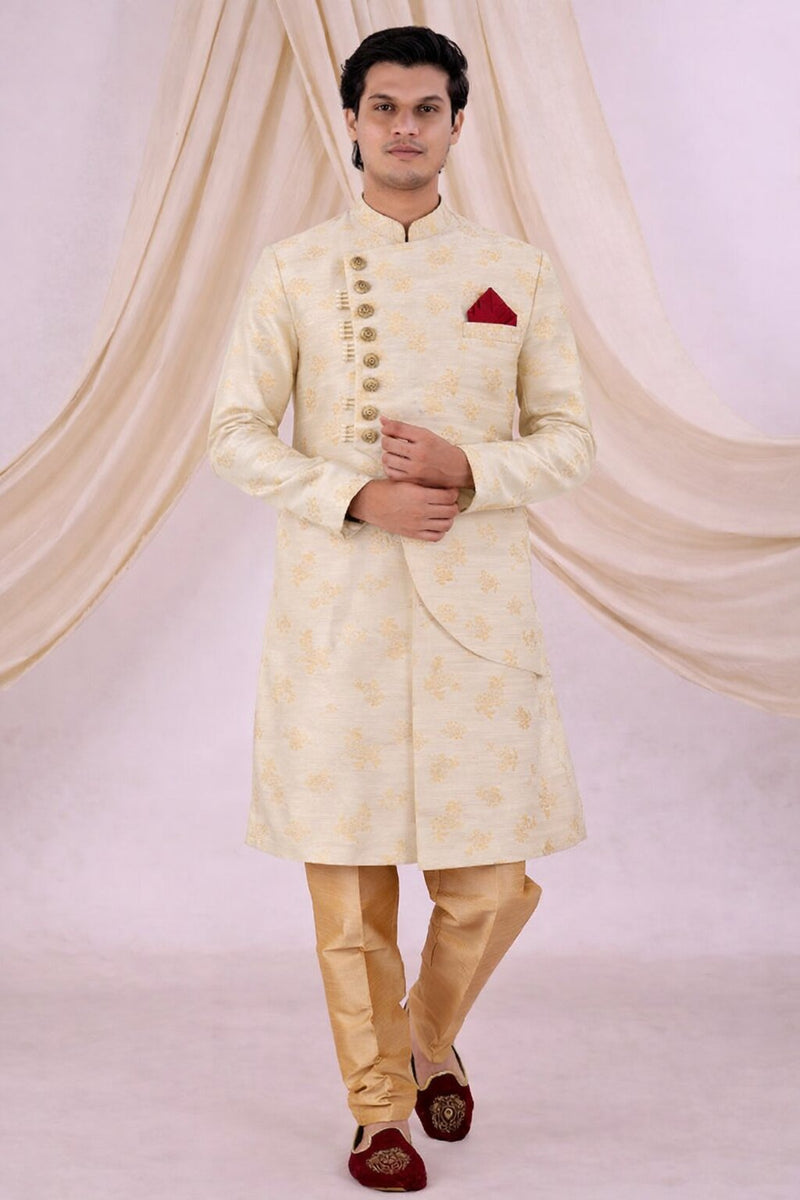 Beige Silk Blend Sherwani Set with White Pyjama for Men - DBMS1086