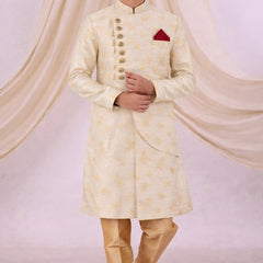 Beige Silk Blend Sherwani Set with White Pyjama for Men - DBMS1086
