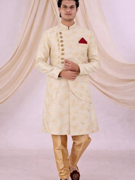 Beige Silk Blend Sherwani Set with White Pyjama for Men - DBMS1086