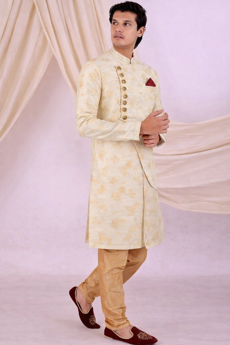 Beige Silk Blend Sherwani Set with White Pyjama for Men - DBMS1086