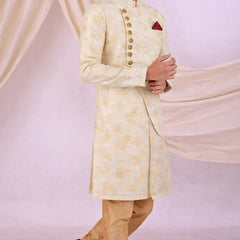 Beige Silk Blend Sherwani Set with White Pyjama for Men - DBMS1086